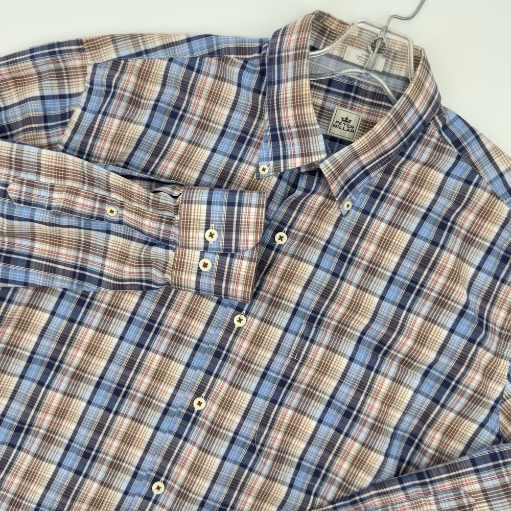 Peter Millar Plaid Button Down Shirt Large Blue Brown Cotton Classic Fit‎ Casual